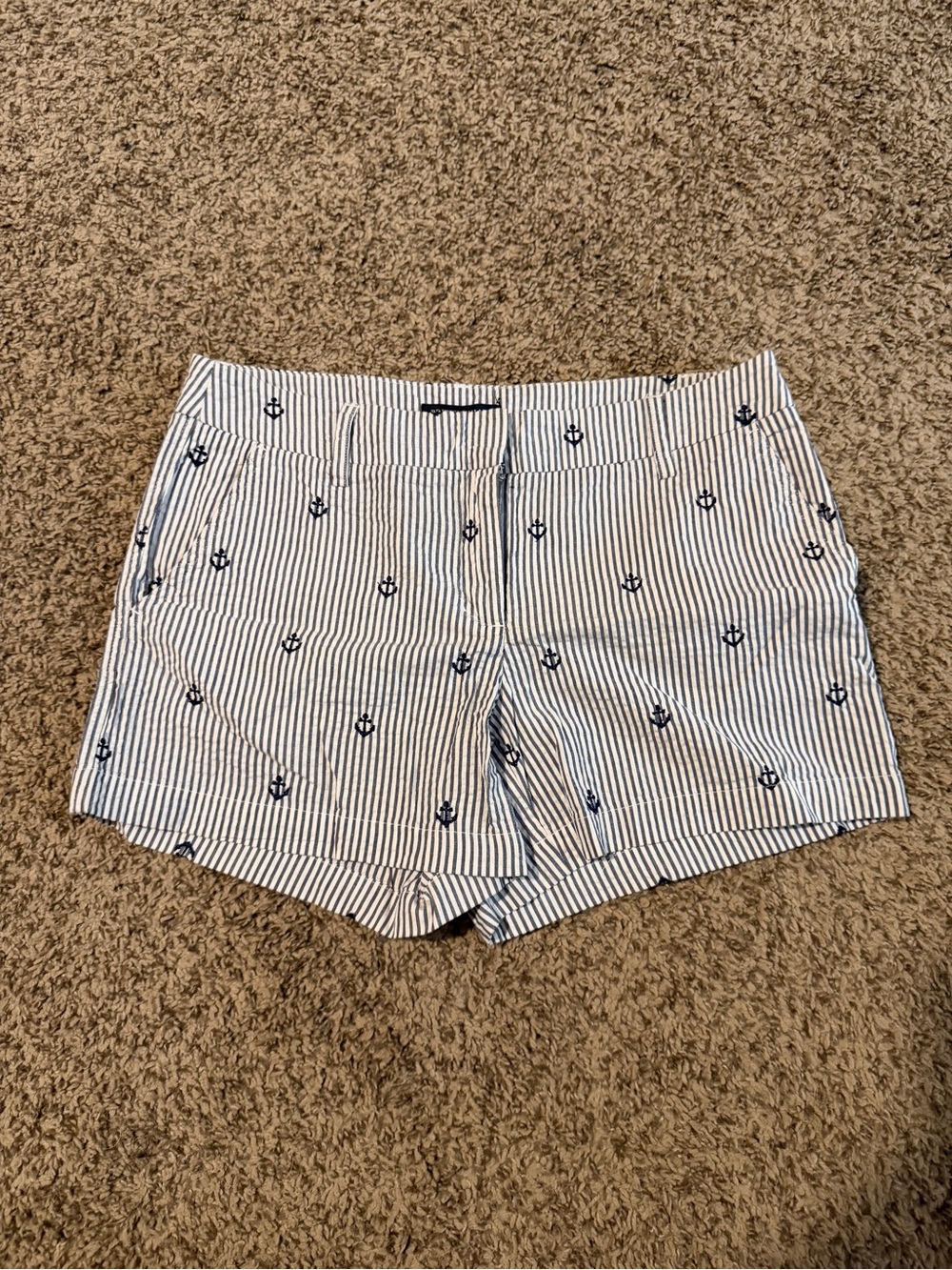 White & Navy Striped Anchor Shorts, SIZE 4